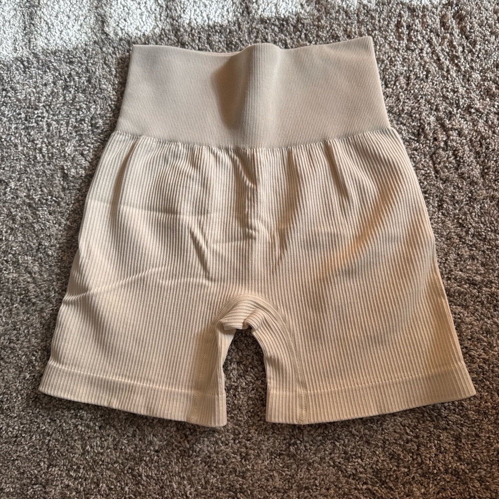 Beige Ribbed High-Waisted Biker Shorts